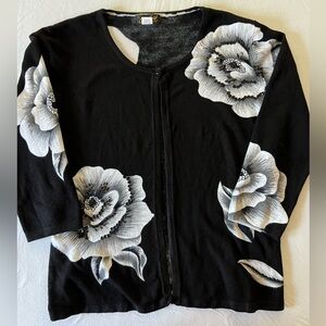 Elizabeth New York VTG beaded floral sweater, black and white Sz XL Old Money
